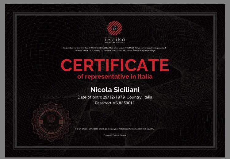 Nico Siciliani iSeiko Certificate